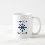 Mug Navires Roue avec nom de capitaine ou de bateau<br><div class="desc">Bateaux nautiques Roue en bleu marine avec votre nom de capitaine personnalisé, nom de bateau ou texte sur un café, une tasse de thé personnalisable.</div>
