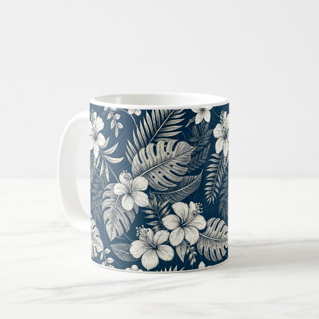 Mug Navy Blue Hibiscus Monstera Tropical Botanical (Devant gauche)