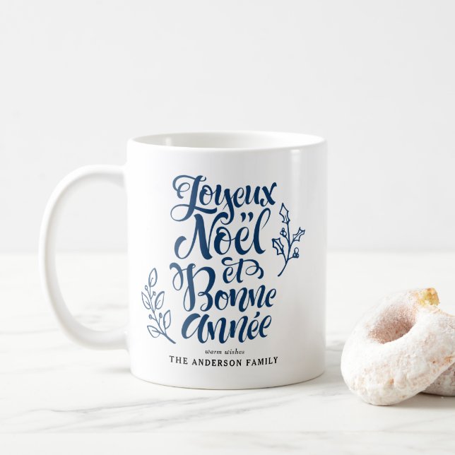 Mug Navy Blue Joyeux Noël et Bonne Année Calligraphie (Avec donut)