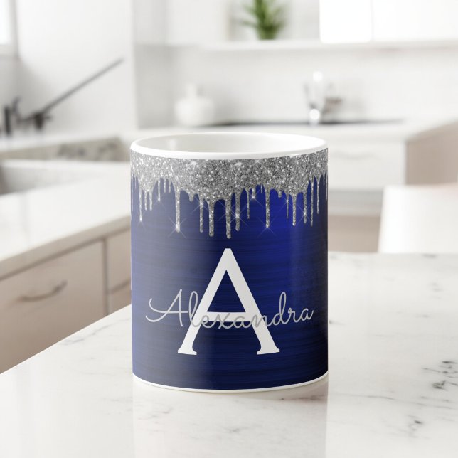 Mug Navy Blue Paillettes Étincelles Monogramme Nom (Créateur téléchargé)