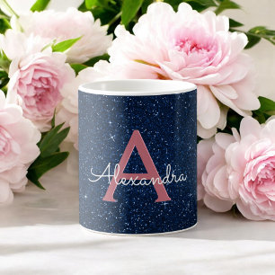Mug Navy Blue & Rose Gold Sparkle Glitter Monogram