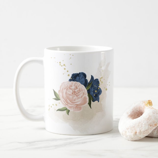 Mug navy et fleurs rose blush verdure (Avec donut)