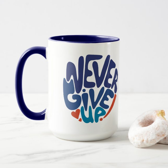 Mug Ne jamais renoncer - Citation d'anniversaire bleu  (Avec donut)