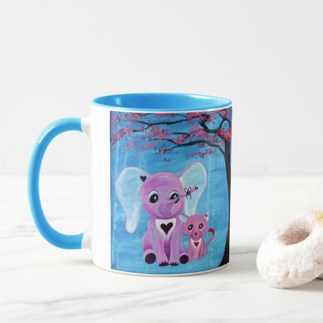 Mug Ne m'oubliez pas éléphant rose chat cerisier art (Avec donut)