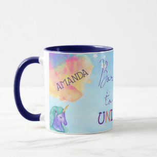 Mug NÉ POUR ÊTRE UN UNICORN Bleu Orange Abstrait Unico