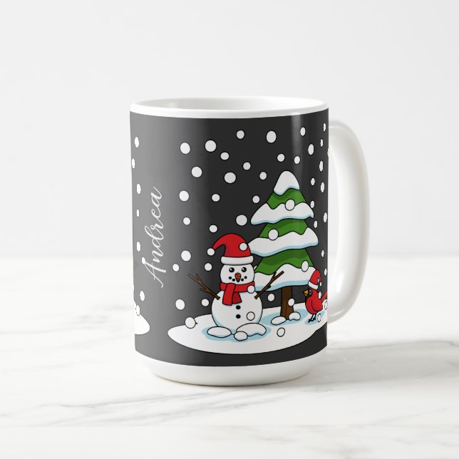 Mug Neige sur Cardinal, Snowman et Pine Tree | Ajouter (Devant droit)