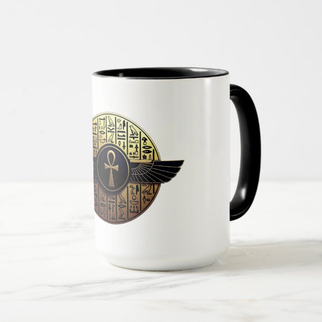 Mug NeoAnkh Ankh aux ailes dorées 3D & Hiéroglyphes (Devant droit)