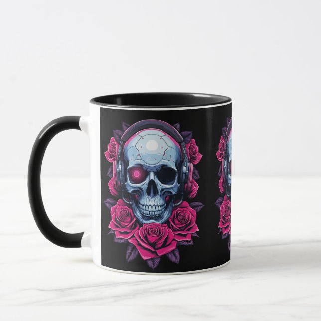 Mug Neon Cyber Mort Crâne et Rose Noir (Gauche)