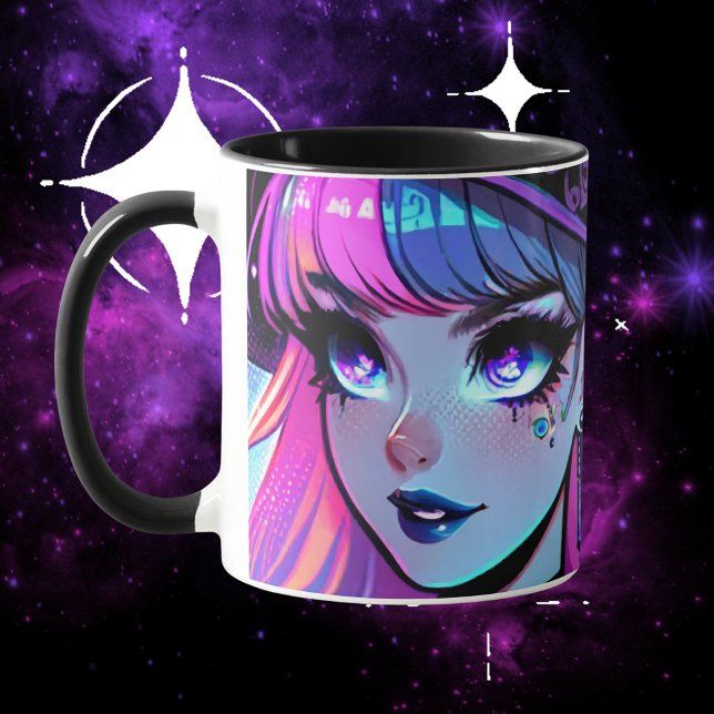 Mug Neon Cyberpunk Tech Witch - Futuristic Art Design (cyberpunk, witch, tech, cyber, wiccan, pagan, neon, media, synthwave, mug, gift)