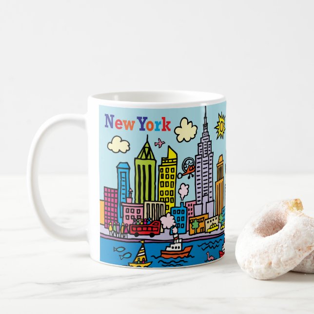 Mug New York Cartoon Visite Les Bâtiments (Avec donut)