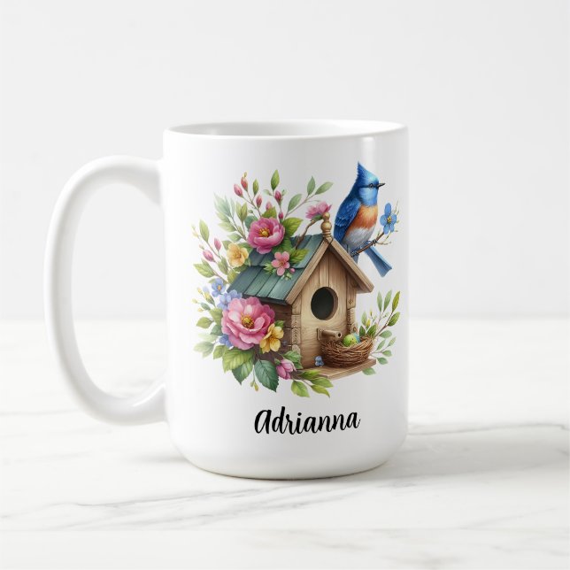 Mug Niche à oiseaux Bluebird Fleurs Jardin Printemps (Gauche)