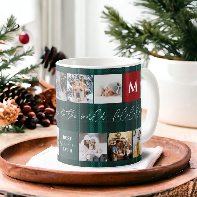 Mug Noël 8 photos grille meilleure grand-mère vert pla (Christmas 8 photos grid best grandma green plaid coffee mug)