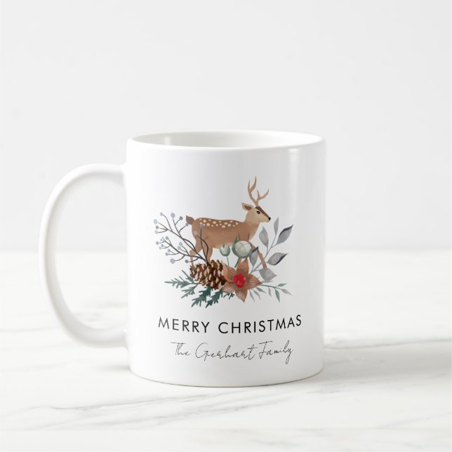 Mug Noël Aquarelle Botanique Cerf Fêtes (Gauche)