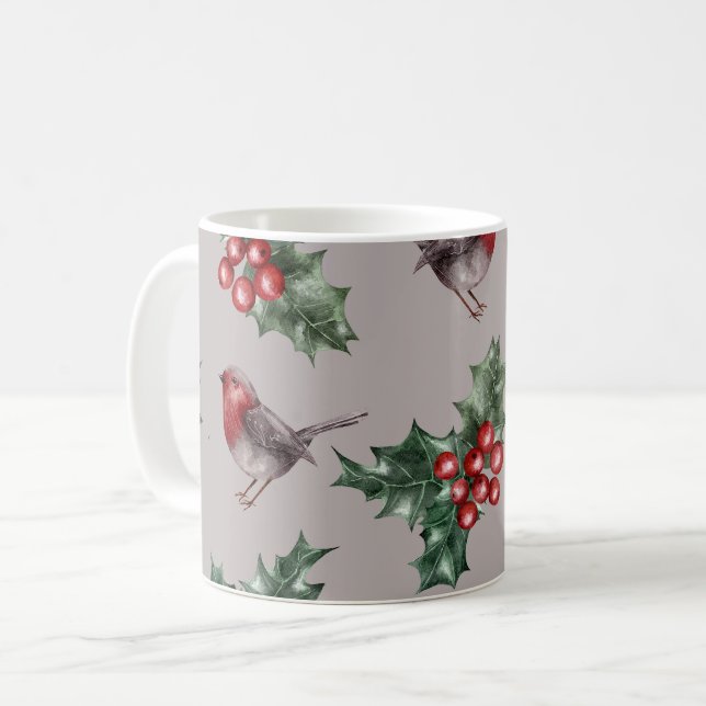 Mug Noël Aquarelle Robin Oiseaux Motif (Devant gauche)