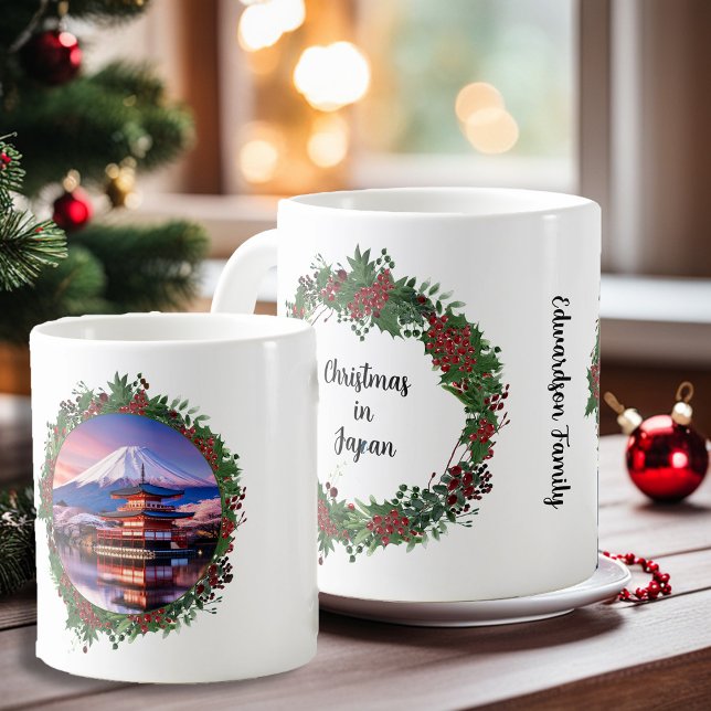 Mug Noël au Japon ou autre monogramme photo pays (Christmas in Japan, mount Fuji landmark photo. You can add your own text, name and photo.)