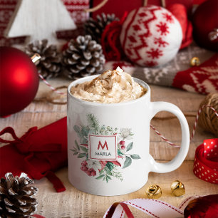 Mug Noël Berries rouges Bouquet vert Monogramme