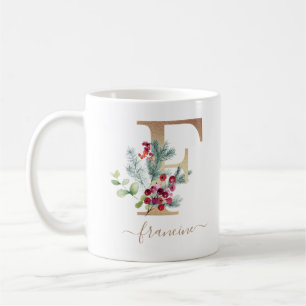 Mug Noël Berries rouges Verdure or Monogramme F