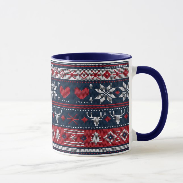 Mug Noël bleu Rouge Fair Isle Tricot Motif (Droite)