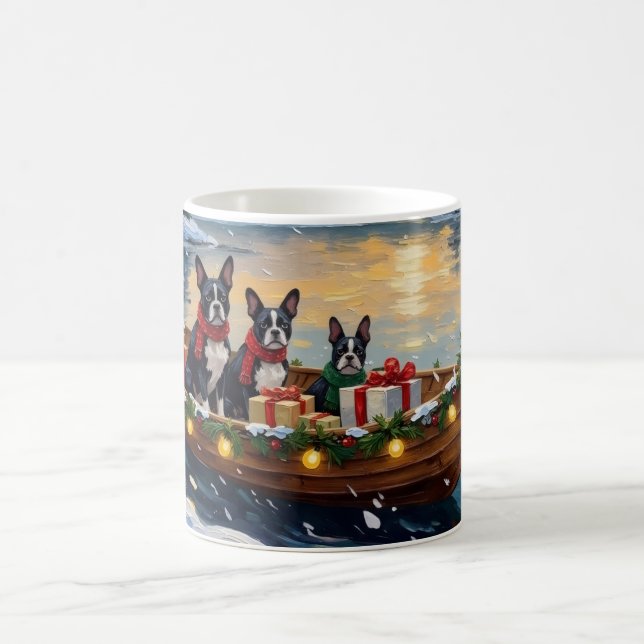 Mug Noël Boston Terrier Bateau Fêtes (Centre)