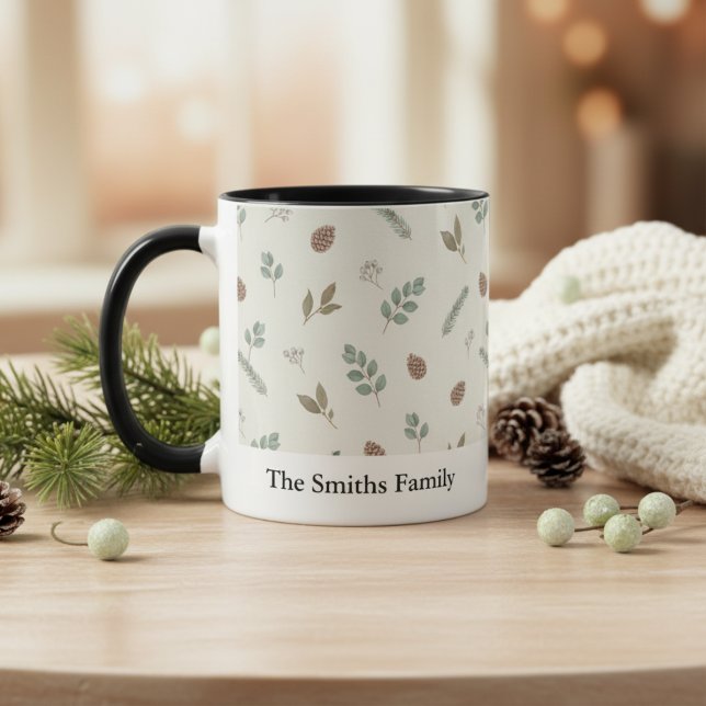 Mug Noël Botanique Hiver Ivory Feuillage Personnalisé (Winter Botanical Christmas Ivory Greenery Custom Mug)