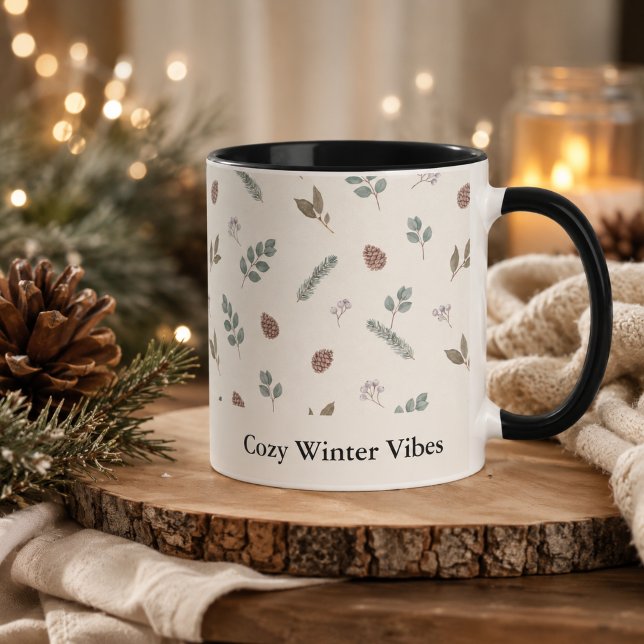 Mug Noël Botanique Hiver Ivory Feuillage Personnalisé (Winter Botanical Christmas Ivory Greenery Custom Mug)