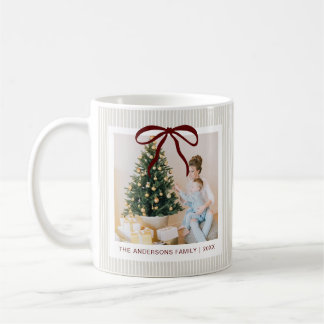 Mug Noël Classique Rayures Beige Ruban Rouge