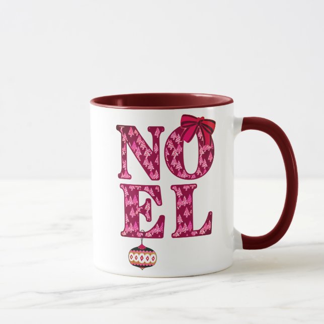 Mug NOEL dans un motif d'arbre de Noël bordeaux  (Droite)