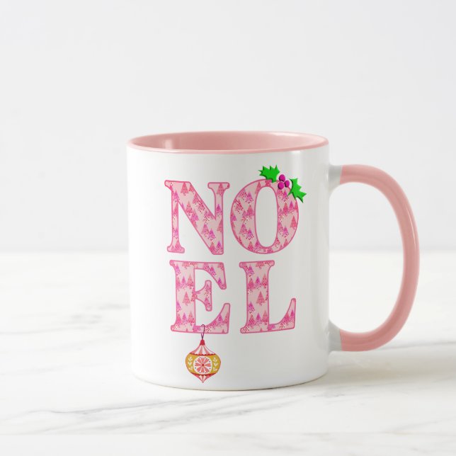 Mug NOEL dans un Motif d'arbre de Noël rose (Droite)