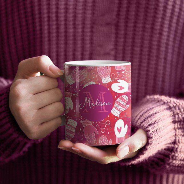 Mug Noël d'hiver Mittens Motif en rose (Pink Winter Mittens with Monogram Mug)