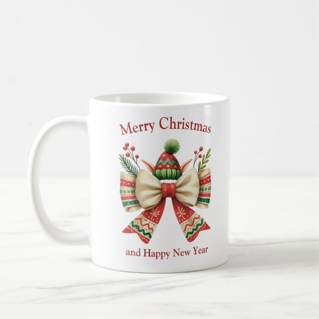 Mug Noël drôle ruban rustique avec chapeau d'elfes (Gauche)