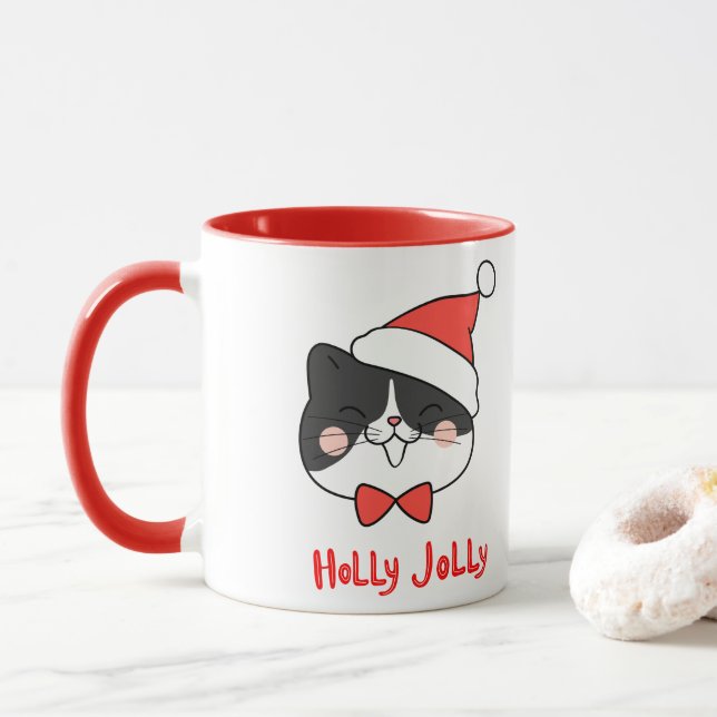 Mug Noël du chat Holly Jolly Cute Kawaii Père Noël (Avec donut)