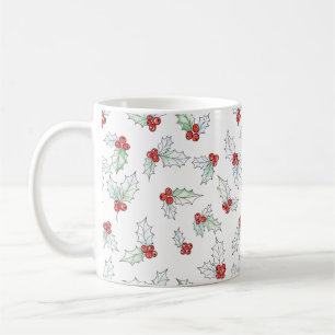 Mug Noël feuilles de houx aquarelle et baies rouges