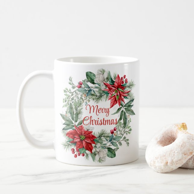 Mug Noël Floral Poinsettia Wreath Joyeux Noël (Avec donut)