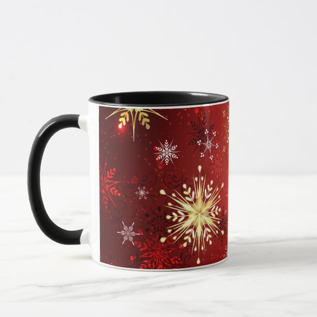 Mug Noël Golden Snowflakes sur Arrière - plan rouge (Gauche)