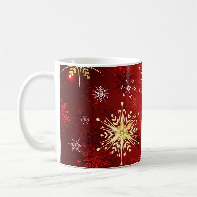 Mug Noël Golden Snowflakes sur Arrière - plan rouge (Gauche)