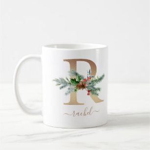 Mug Noël Green Holly Red Berries Gold Monogramme R