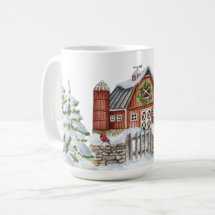Mug Noël Hiver Grange Snowman Trees Oiseau Rouge Neige