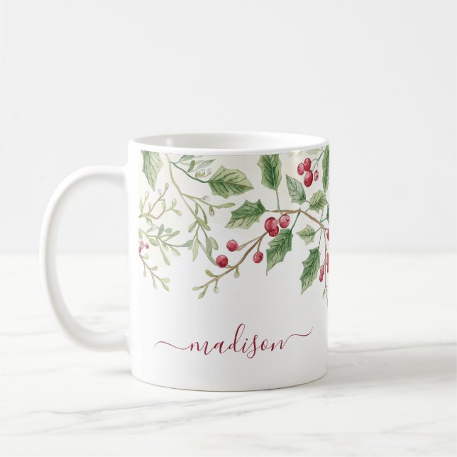 Mug Noël Holly Berry | Nom de script personnalisé (Gauche)