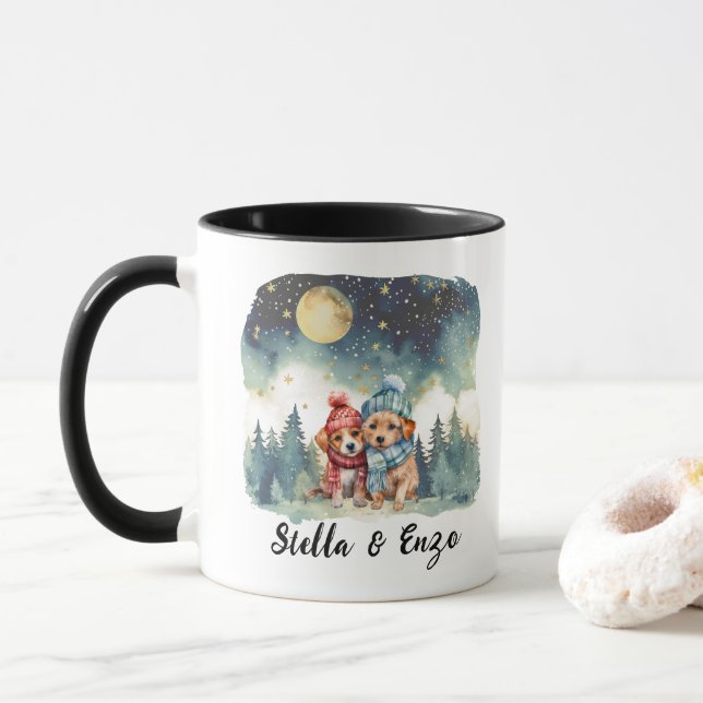 Mug Noël Lune Russe Chien Couple Rouge Bleu (Avec donut)