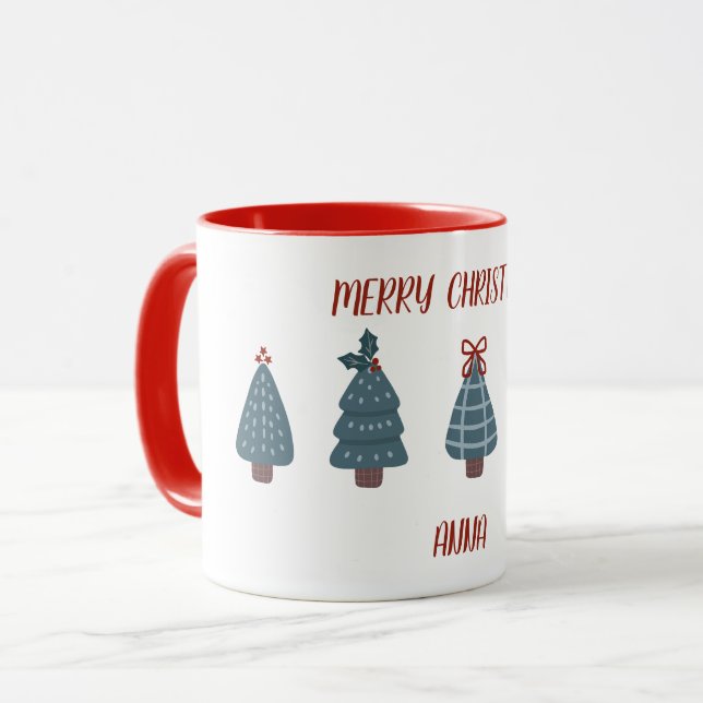 Mug Noël mignon avec des arbres de Noël dessinés à la  (Devant gauche)