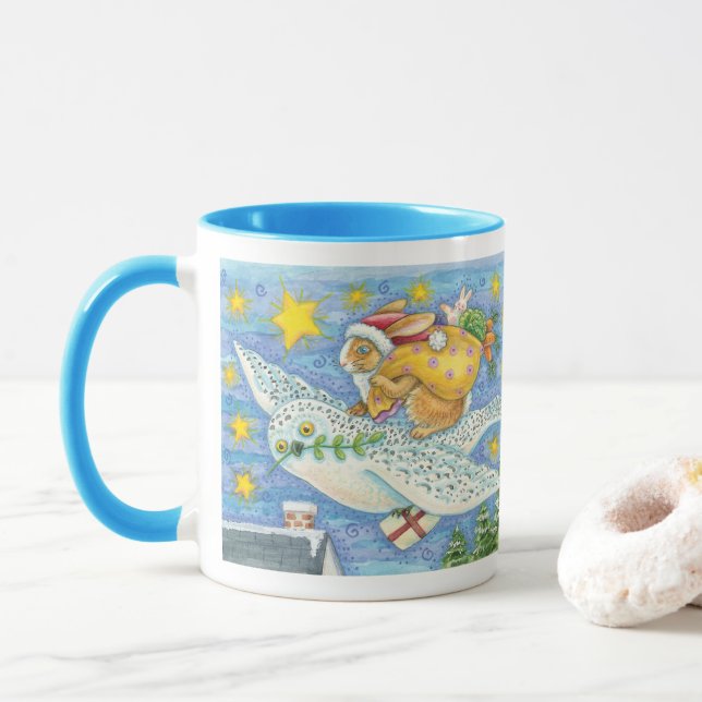 Mug Noël mignon avec lapin comme Père Noël sur Hibou (Avec donut)