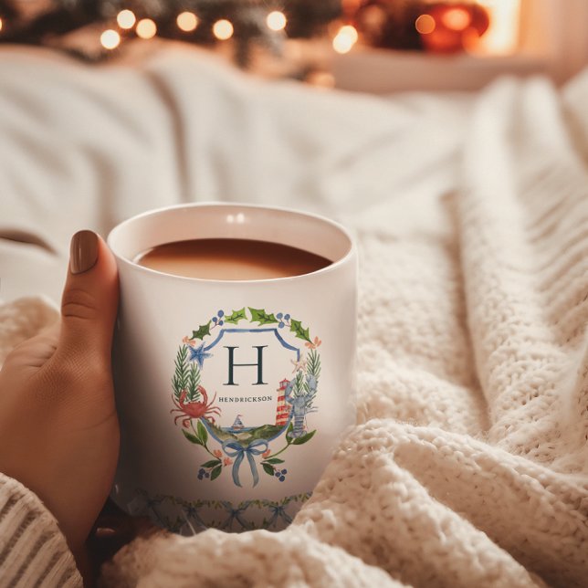 Mug Noël Nautique Monogramme Arc-en-Ciel Bleu Côté Mer (Créateur téléchargé)