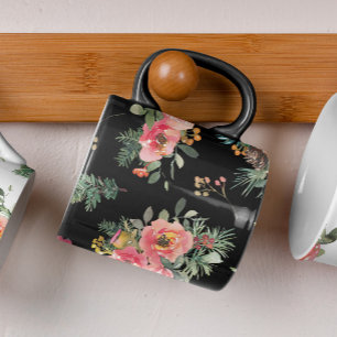 Mug Noël noir branche de pin floral motif Fête