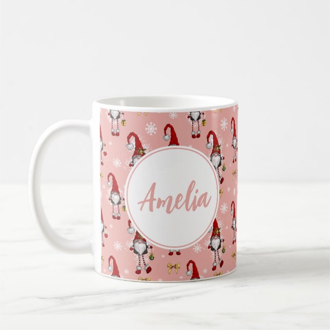 Mug Noël Nordique GnomesMotif rose avec nom (Gauche)