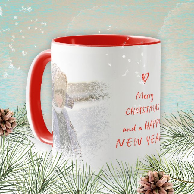 Mug Noël Nouvel An Photo Neige Rouge Coeur Typographie (Christmas New Year Photo Snow Heart Keepsake Mug ©Susanne Sachers - Sunny Mind Design 🌞)