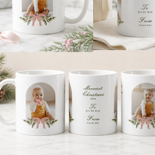 Mug Noël personnalisé avec photo, ruban rose et verdur