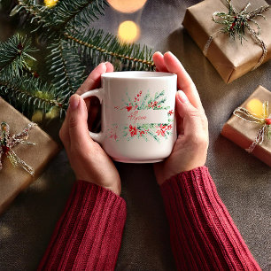 Mug Noel personnalisé de poinsettia et de verdure