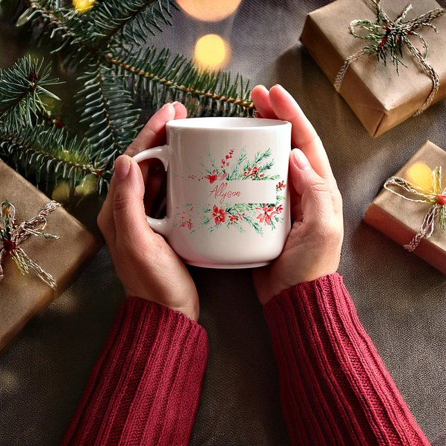Mug Noel personnalisé de poinsettia et de verdure (Créateur téléchargé)