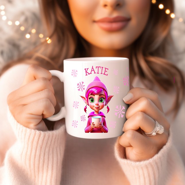 Mug Noël personnalisé Elf Pink Snowflakes Holiday (Créateur téléchargé)