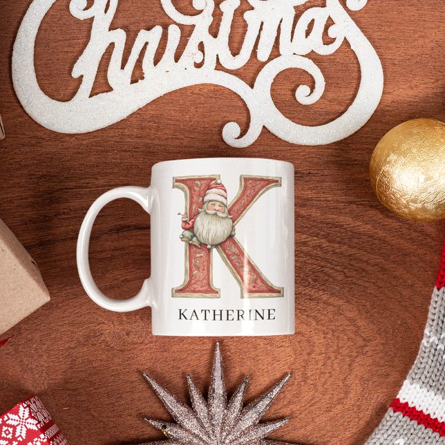 Mug Noël personnalisé Monogramme Initiale K Père Noël  (Personalized Monogram Initial K Christmas Santa Coffee Mug)